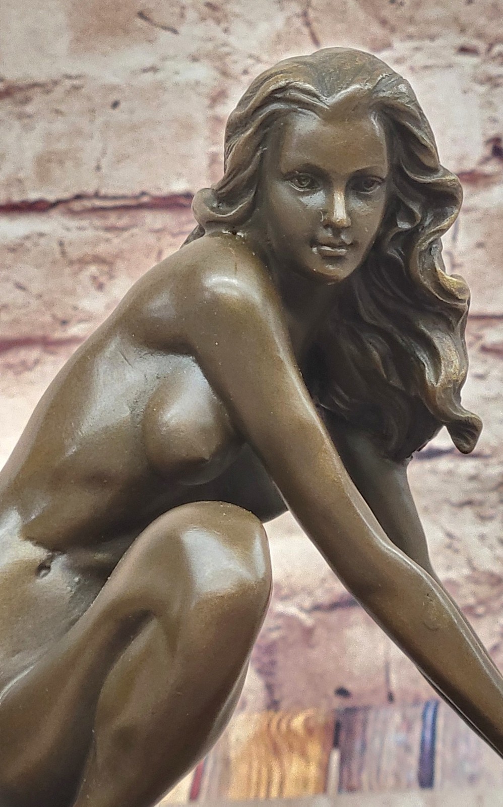 Signed Original Abstract Modern Art Nude Woman Stretches her Body Bronze Figure