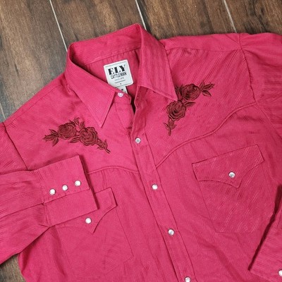 Ely Cattleman Pearl Snap Men s Medium Red Embroidered Shirt Roses Western Long
