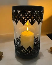 Hurricane Glass and Black Metal Lace Filigree Candle Holder, Ornate-Gothic 10.5”