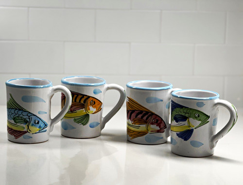 Vietri Fish Sea Life Decorated Ceramic Coffee Mug Set 4 White/Blue Rim 12oz