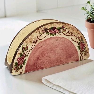 Vtg Roses & Speckles Fait Main Handpainted Napkin Holder Signed T.D.F EC Rare 