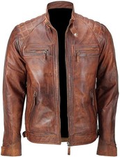 Men's Genuine Sheepskin Leather Motorcycle Jacket Vintage Cafe Racer Biker Brown
