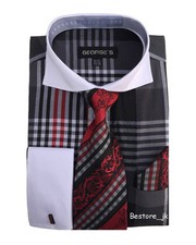Men's French Cuff Plaid Checks Dress Shirt w/ Tie  Hanky Set 626 Black