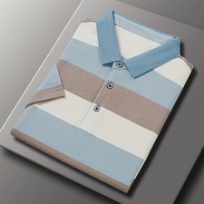 Herren Breit Gestreift Kurzärmelig Golf Shirt Front Knopf Freizeit T-Shirt Top