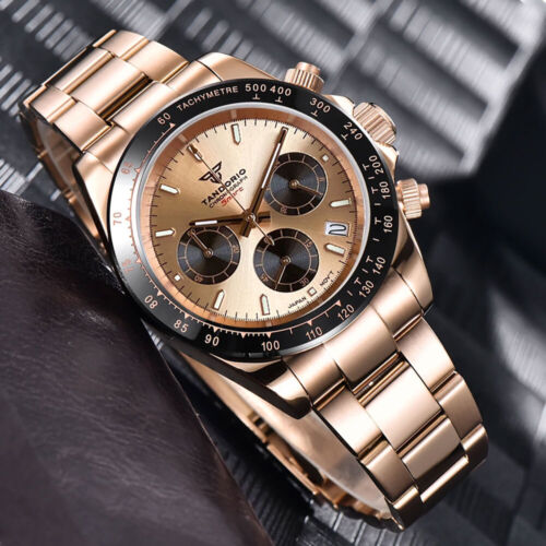 Tandorio Rose Gold 39mm Chronograph Sapphire Crystal Men Watch VK63 Quartz Steel - Picture 29 of 36