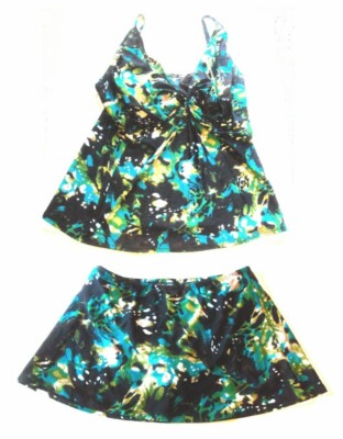 Sunsets Black & Teal Skirted Tankini Swimsuit 38F Top* & /Medium Bottoms  