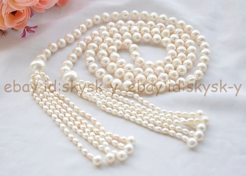 9-10mm White Pearl 14mm Shell Pearl 6-7mm Rice Pearl Tassel Necklace 50'' - Picture 4 of 4
