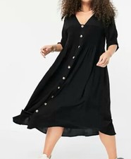 ASOS Curve Midi Dress - New Womens Smocked Button Up Relaxed Fit Black Sz 12