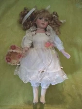 Blonde Auburn Hair Blue Eyes Porcelain Soft Bodied Doll 16" White Clothes Basket