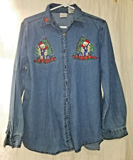 Vintage Denim shirt Bobbie Brooks Christmas embroidered teddy bears size Medium