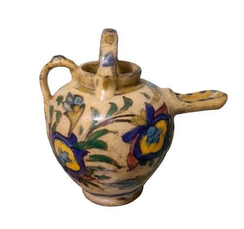 Antique Persian Qajar Glazed Ceramic Ewer, Hand-painted Floral Design - Picture 2 of 7