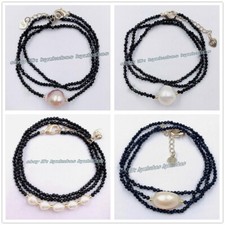 Faceted 3mm Black Spinel Round Gems Beads White Pearl Pendant Necklace 18 inch