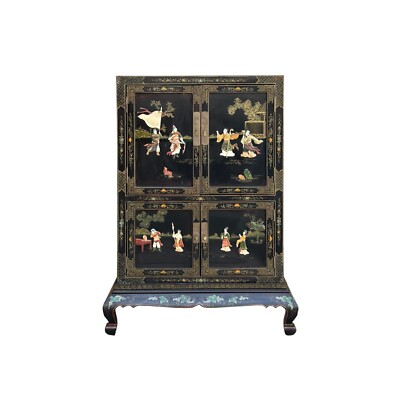 Vintage Chinoiseries Black & Stone Inlay Graphic Credenza Storage Cabinet ws3989