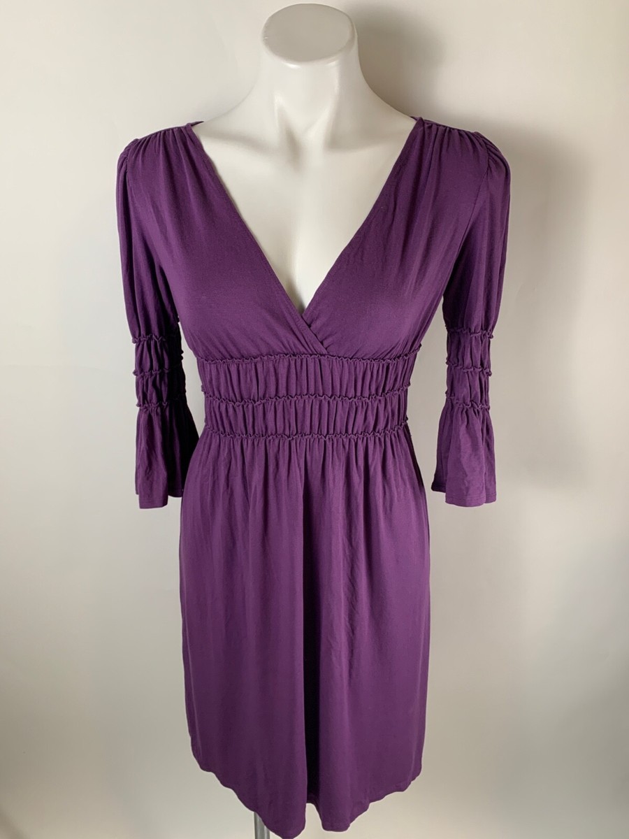 max studio purple dress Max Studio Purple Bell Flare Sleeve Empire Smocked Stretch Dress Small  Excellent