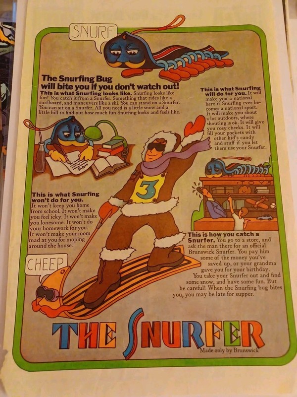 THE SNURFER ORIGINAL AD EARLY SNOWBOARDING ITEM VINTAGE 1970 AD BRUNSWICK CORP