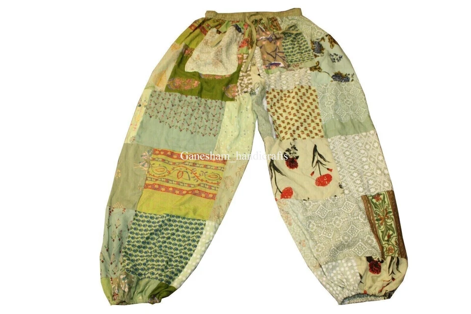 Pantalones harén retazos verdes, pantalones harén boho hippie, pantalón bohemio de pierna ancha Foto 2 de 4