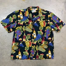 Vintage Paradise Found Wine Grapes Black All Over Cotton Hawaiian Shirt Sz XL Ma