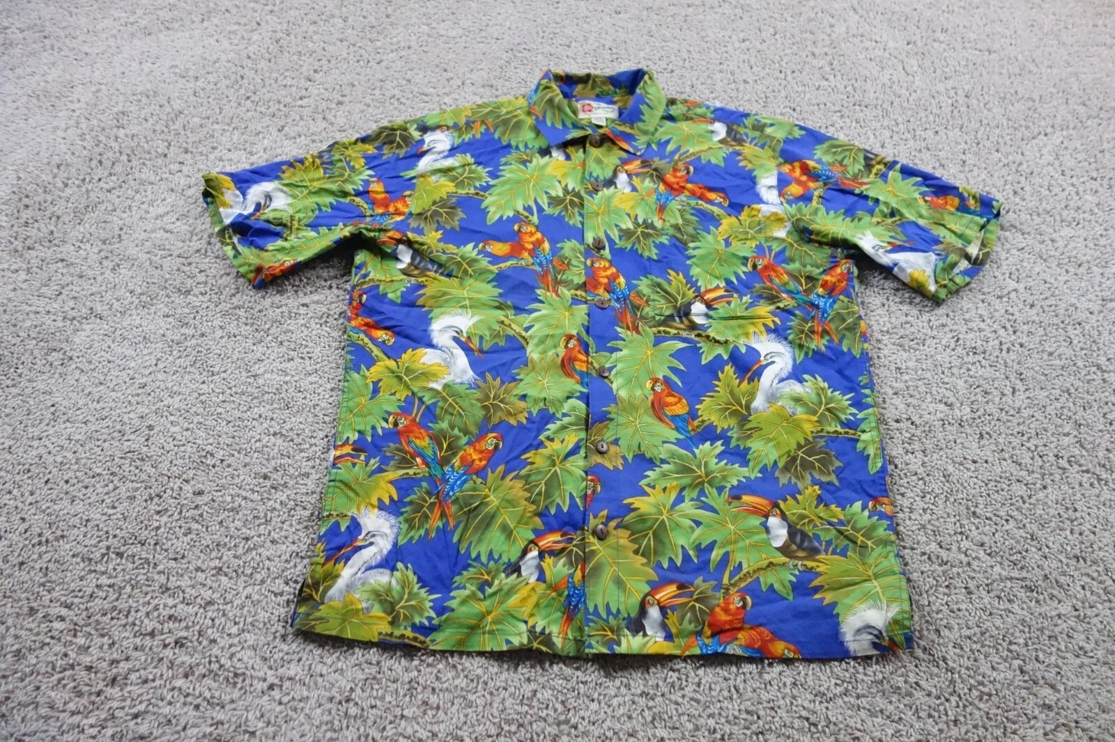 Hilo Hattie Shirt Mens Large Blue Button Up Tropical Birds Parrots Hawaiian
