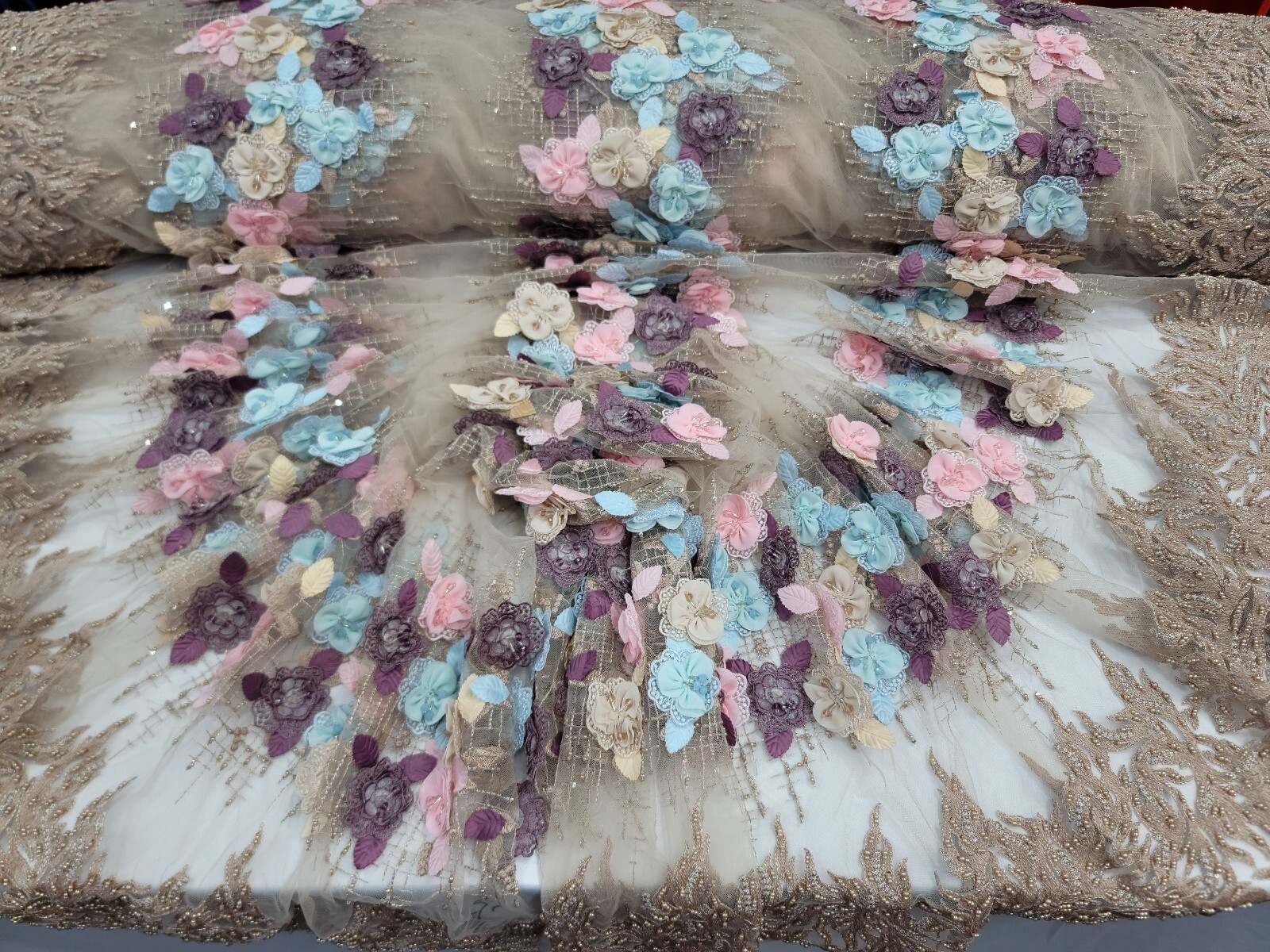 Fabric Sold by The Yard Beige Lace 3D Embroidery Floral On Mesh Prom Quincea&ntilde;era