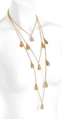 Dreireihige goldfarbene rosa Opaleffekt Kette Anhänger Halskette Damen Mädchen Geschenk UK