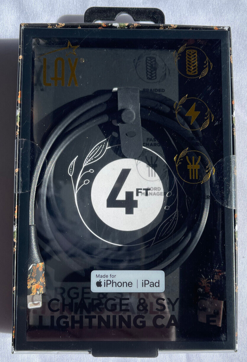 LAX Apple MFI-Certified Charge & Sync Lightning Cable 4ft Braided Black w/Flwrs-image