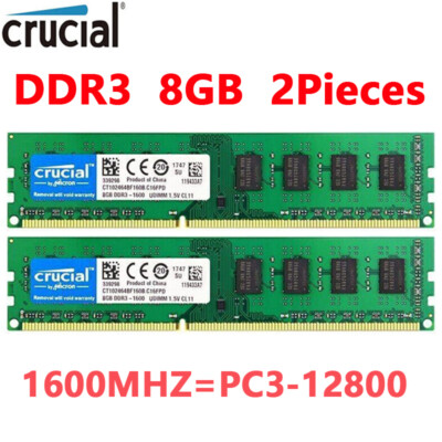 CRUCIAL DDR3 1600MHz 16GB (2x 8GB) PC3-12800 Desktop 240pin DIMM Memory RAM 1.5V