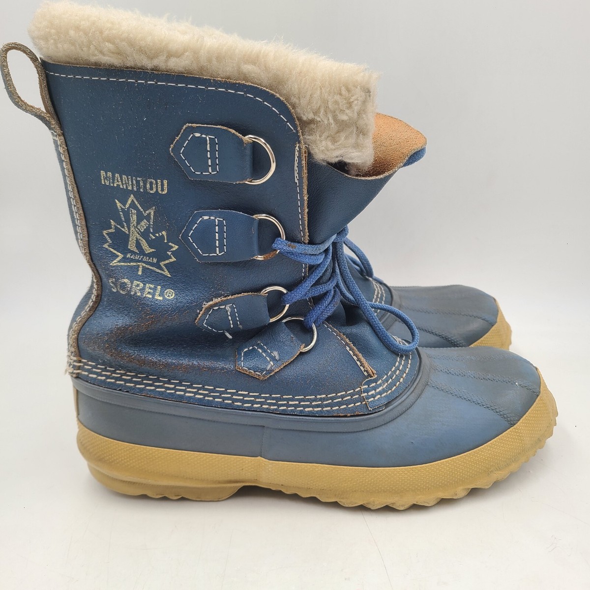 Sorel Manitou Womens Blue Leather Canada Snow Duck Boots Wool