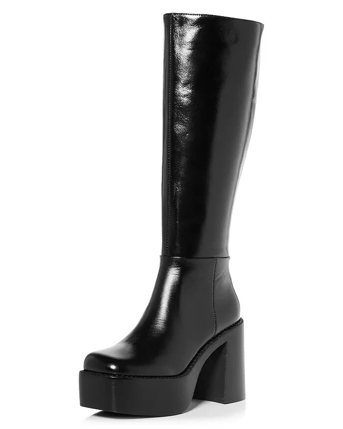 Jeffrey Campbell The Band Black Squared Toe Block Heel Zipper Knee High Boots