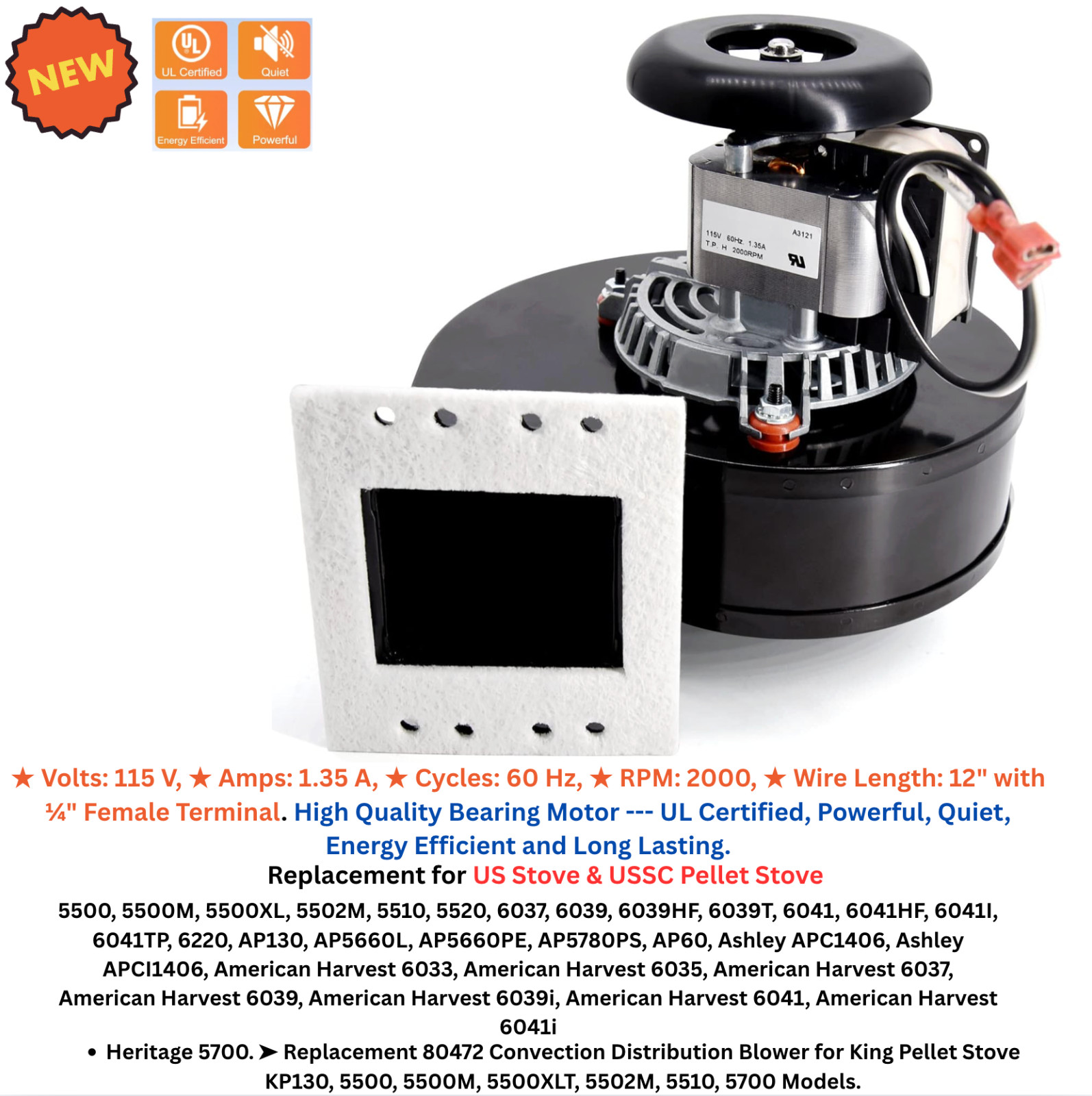 Quiet Convection Distribution Blower 80472 for US Stove/Ashl