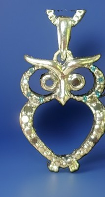 Sterling Silver JWBR Owl W/ Blue, Black & White Diamond Chips Pendant & Necklace