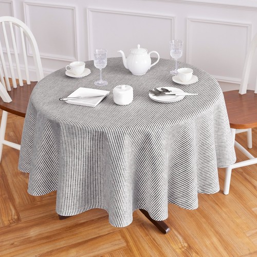 Solino Home Narrow Stripe Linen Round Tablecloth for Fall Kitchen Dining Party - 第 2/30 張圖片