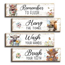 4 Pieces Highland Cow Bathroom Wall Decor Rustic Highland Cow Wooden Farmhous...