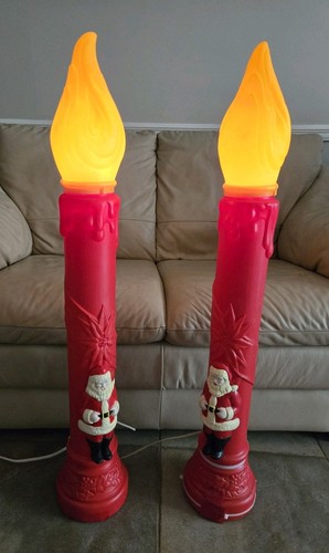 Set 2 Vintage Rare 1969 Empire Blow Mold Christmas Santa Candles 39" WORKS, READ