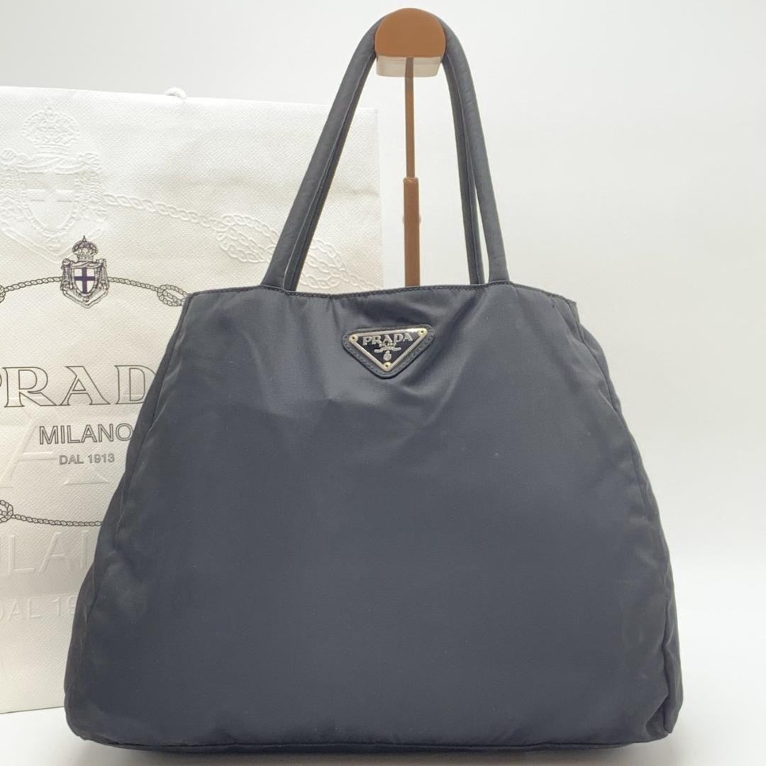 Prada Nylon Testo Tote Bag Black with Triangle Logo Arm Holder Pre-Owned
