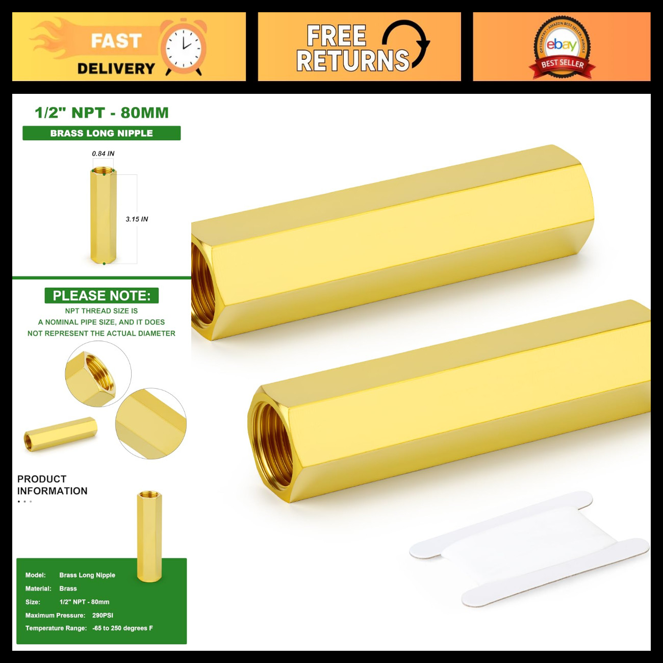 2 Pcs 1/2" NPT Female Brass Pipe Fittings, Hex Connector, 80mm Threaded Nipple