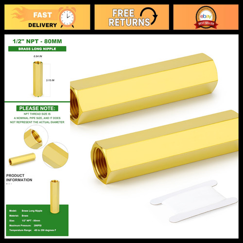 2 Pcs 1/2" NPT Female Brass Pipe Fittings, Hex Connector, 80mm Threaded Nipple