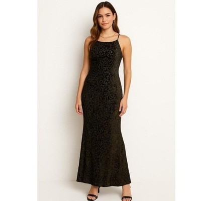 black velvet burnout dress Black Velvet Burnout Halter Cowl Neck Midi Dress main image 1