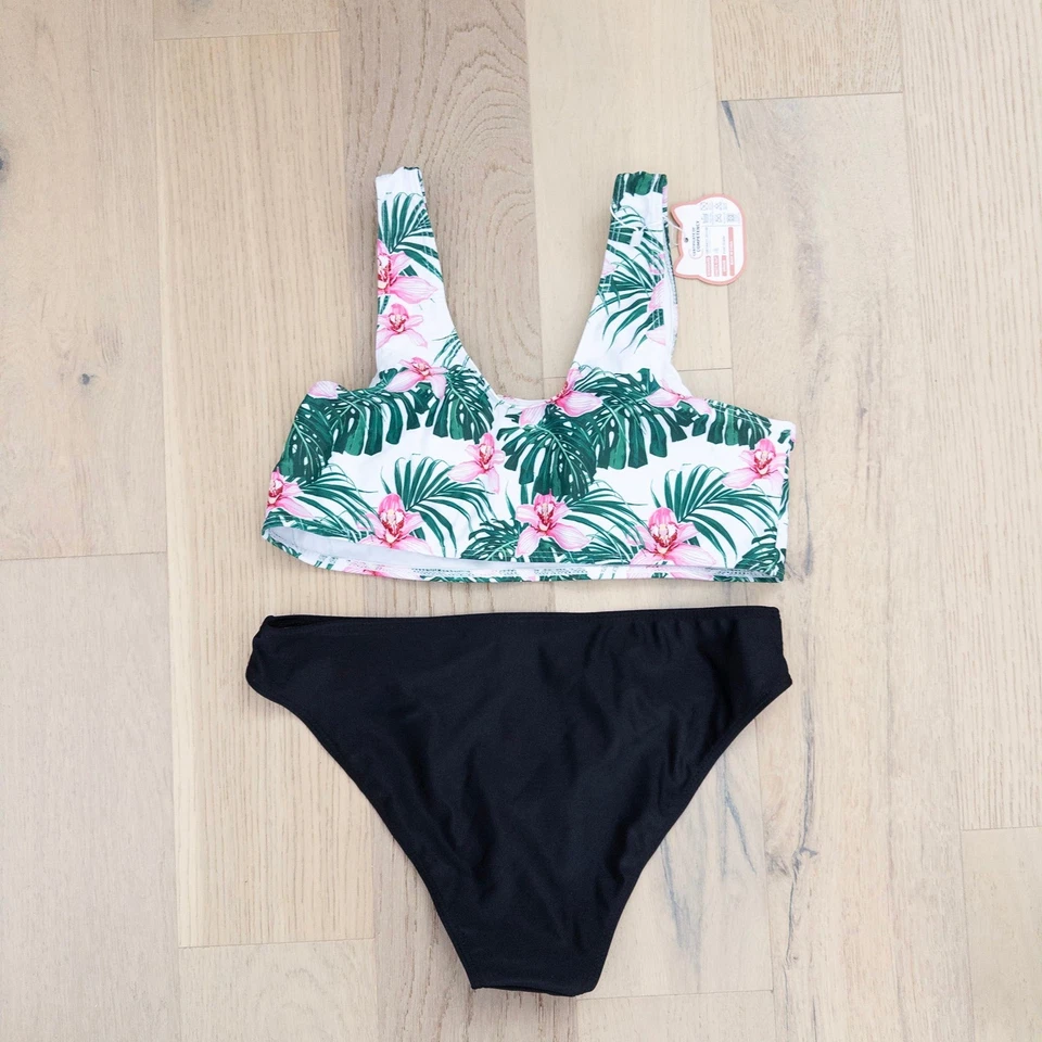 Girls Swimwear Set Size 14-16 Green Floral Print Bikini Coverup Tropical Resort - Image 3 of 4