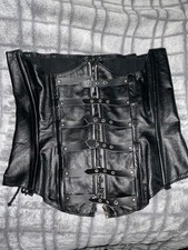 Leather Corset Bustier Women M Black, lace back, zip buckle front Underbust