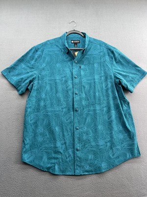 Alaskan Hardgear Shirt Mens XL Teal Chilkat River Shift Topo Print Short Sleeve