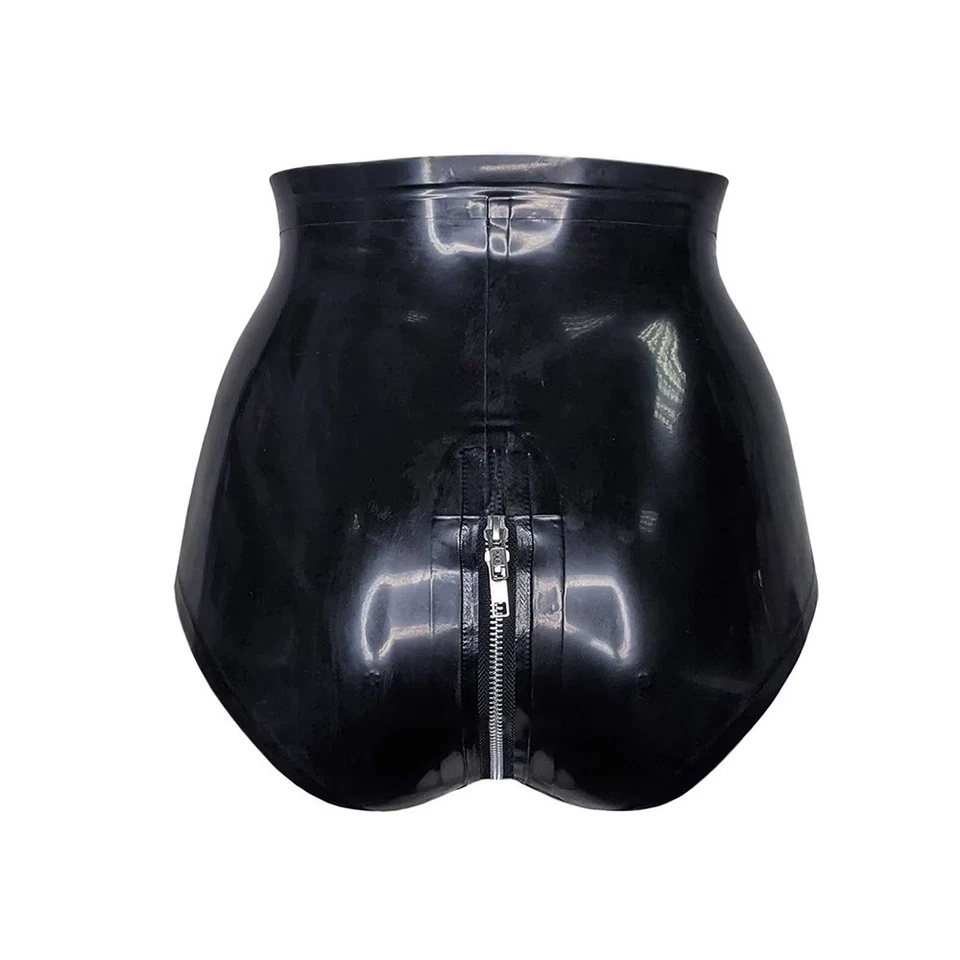 Women's Latex Briefs with Crotch to Back Zipper High Waist Black Rubber Short - Image 2 of 4