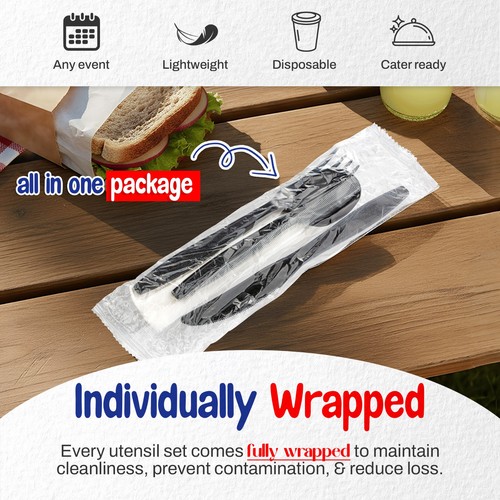 MT Products Disposable Black Plastic Cutlery Set with Napkin - Pack of 50 - Picture 2 of 7
