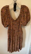 Wild Fable Mini Sundress Women Medium BrowFloral Pleated Short Sleeve Scoop Neck
