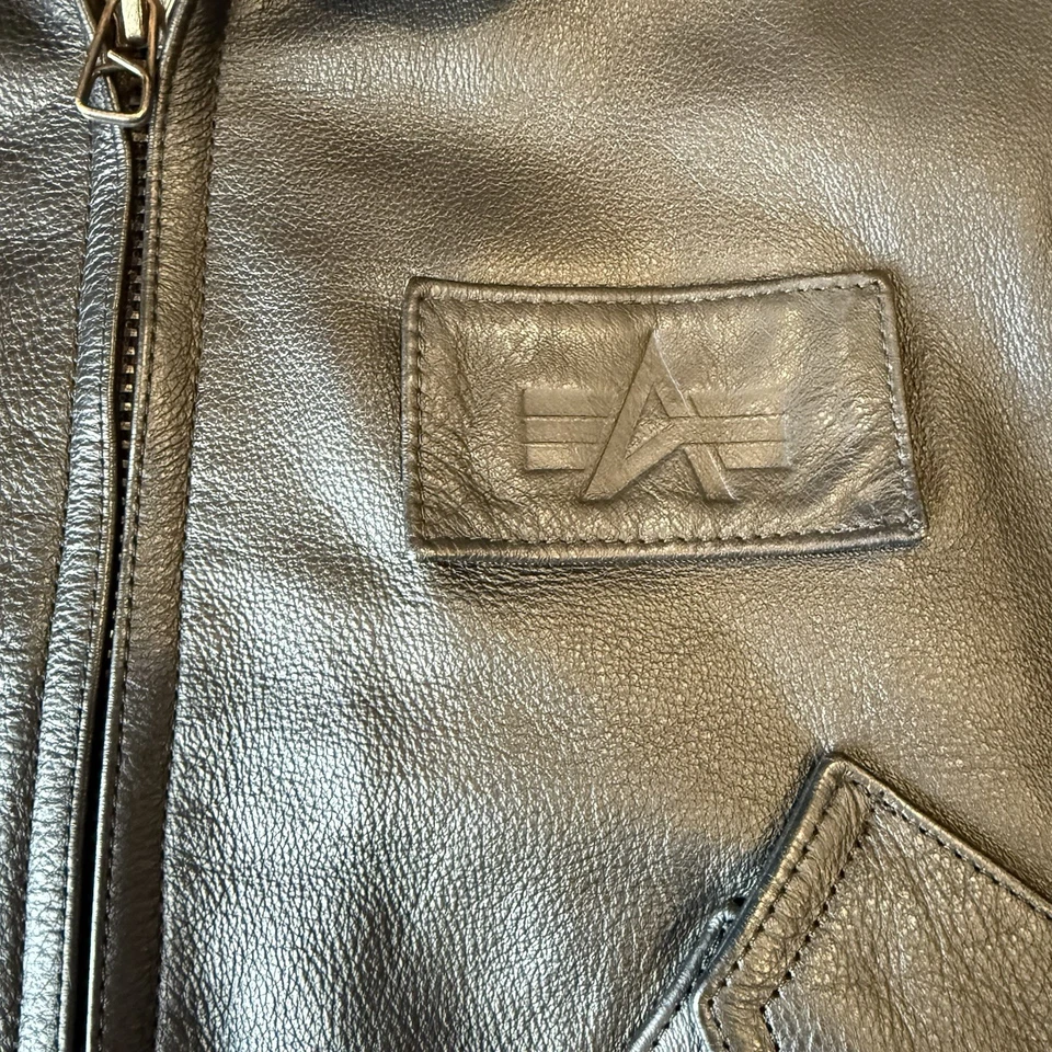 Chaqueta de vuelo de cuero Alpha Industries CWU45 mediana negra cremallera completa militar Foto 4 de 4