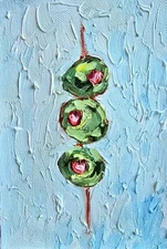 Olives on Skewer Oil Painting 10x15cm Kitchen Original Oil Painting on Canvas Fabric