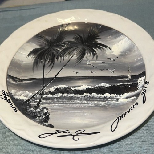 Signed Mexican Art Plate, Black and White Beach Scene, Palm Trees, Seagulls