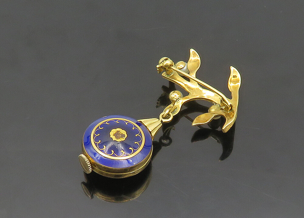18K GOLD Vintage Antique Pearls & Enamel Floral Watch Brooch