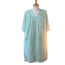 VTG 70s Mint Green Shadowline Robe Housecoat Rosebud Lace Button Up Nylon Med