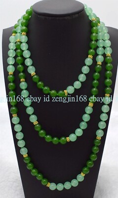 Genuine 8mm Natural Green Jade Round Gemstone Beads Long Necklace 36'' AAA+