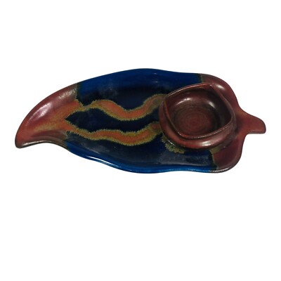 Studio Pottery - Linda Vozar- Chili Pepper Chip and Dip Blue and Brown 11 in L